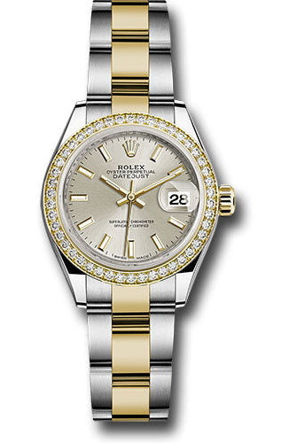 Rolex Steel and Yellow Gold Rolesor Lady-Datejust 28 Watch - Diamond Bezel - Silver Index Dial - Oyster Bracelet - 279383RBR