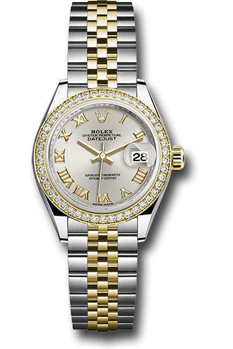 Rolex Steel and Yellow Gold Rolesor Lady-Datejust 28 Watch - Diamond Bezel - Silver Roman Dial - Jubilee Bracelet -