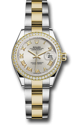 Rolex Steel and Yellow Gold Rolesor Lady-Datejust 28 Watch - Diamond Bezel - Silver Roman Dial - Oyster Bracelet - 279383RBR