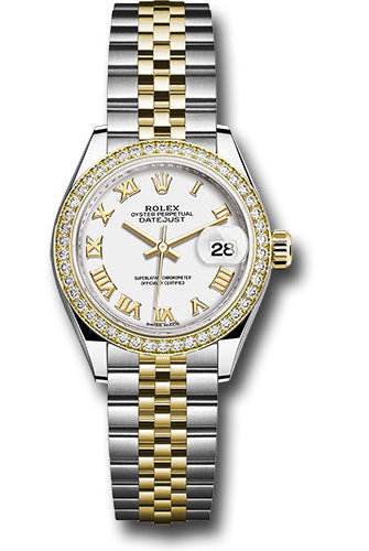 Rolex Steel and Yellow Gold Rolesor Lady-Datejust 28 Watch - Diamond Bezel - White Roman Dial - Jubilee Bracelet - 279383RBR