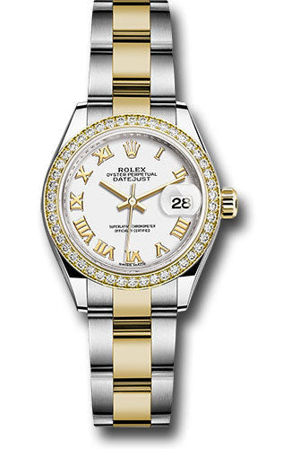 Rolex Steel and Yellow Gold Rolesor Lady-Datejust 28 Watch - Diamond Bezel - White Roman Dial - Oyster Bracelet - 279383RBR