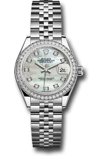Rolex Steel and White Gold Rolesor Lady-Datejust 28 Watch - 44 Diamond Bezel - White Mother-Of-Pearl Diamond Dial - Jubilee