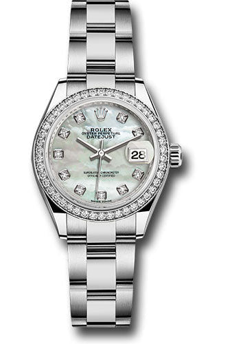 Rolex Steel and White Gold Rolesor Lady-Datejust 28 Watch - 44 Diamond Bezel - White Mother-Of-Pearl Diamond Dial - Oyster