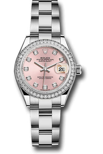Rolex Steel and White Gold Rolesor Lady-Datejust 28 Watch - 44 Diamond Bezel - Pink Diamond Dial - Oyster Bracelet -