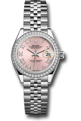 Rolex Steel and White Gold Rolesor Lady-Datejust 28 Watch - 44 Diamond Bezel - Pink Roman Dial - Jubilee Bracelet -