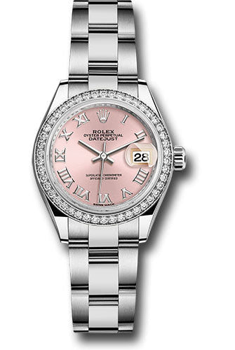 Rolex Steel and White Gold Rolesor Lady-Datejust 28 Watch - 44 Diamond Bezel - Pink Roman Dial - Oyster Bracelet - 279384RBR