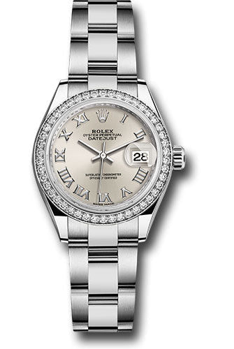 Rolex Steel and White Gold Rolesor Lady-Datejust 28 Watch - 44 Diamond Bezel - Silver Roman Dial - Oyster Bracelet -