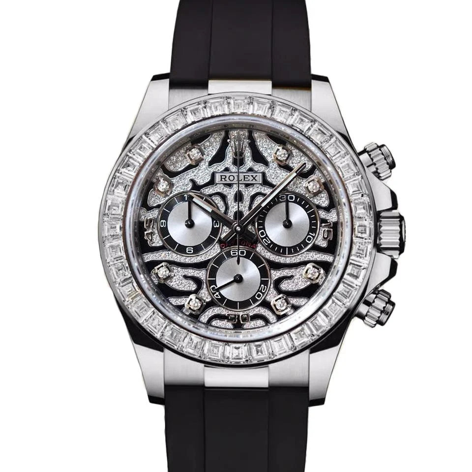 Rolex White Gold Daytona 40 "Eye of the Tiger", Diamond Bezel and Lugs, Silver Diamond Dial, Oysterflex, Ref. 116589TBR