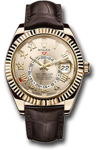 Rolex Yellow Gold Sky-Dweller Watch - Silver Sunray Roman Dial - Brown Leather Strap - 326138 s
