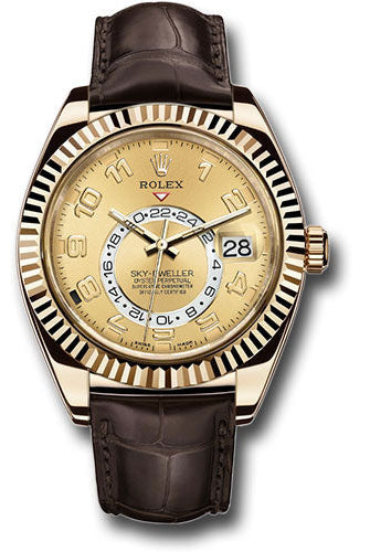 Rolex Yellow Gold Sky-Dweller Watch - Champagne Arabic Dial - Brown Leather Strap - 326138 ch