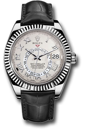 Rolex White Gold Sky-Dweller Watch - Ivory Roman Dial - Black Leather Strap - 326139 iv