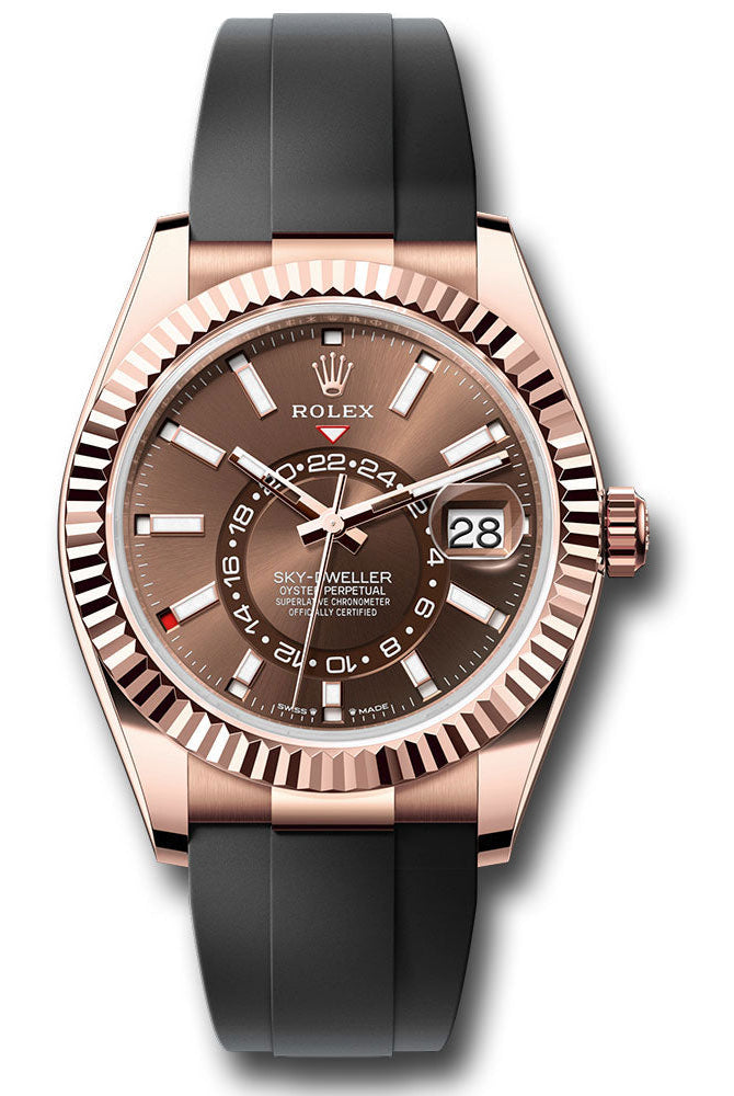 Rolex Everose Gold Sky-Dweller Watch - Fluted Ring Command Bezel - Chocolate Index Dial - Oysterflex Strap - 336235 choiof