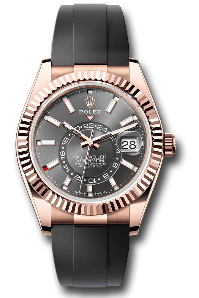 Rolex Everose Gold Sky-Dweller Watch - Fluted Ring Command Bezel - Slate Index Dial - Oysterflex Strap - 336235 sliof
