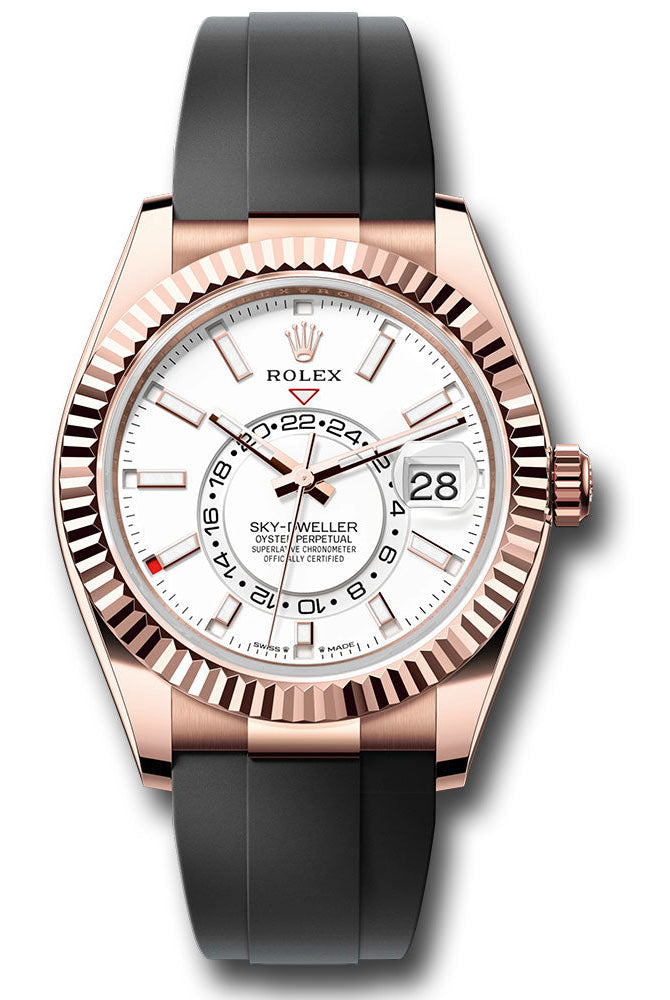 Rolex Everose Gold Sky-Dweller Watch - Fluted Ring Command Bezel - White Index Dial - Oysterflex Strap - 336235 wiof