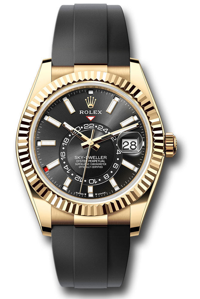 Rolex Yellow Gold Sky-Dweller Watch - Fluted Ring Command Bezel - Black Index Dial - Oysterflex Strap - 336238 bkiof