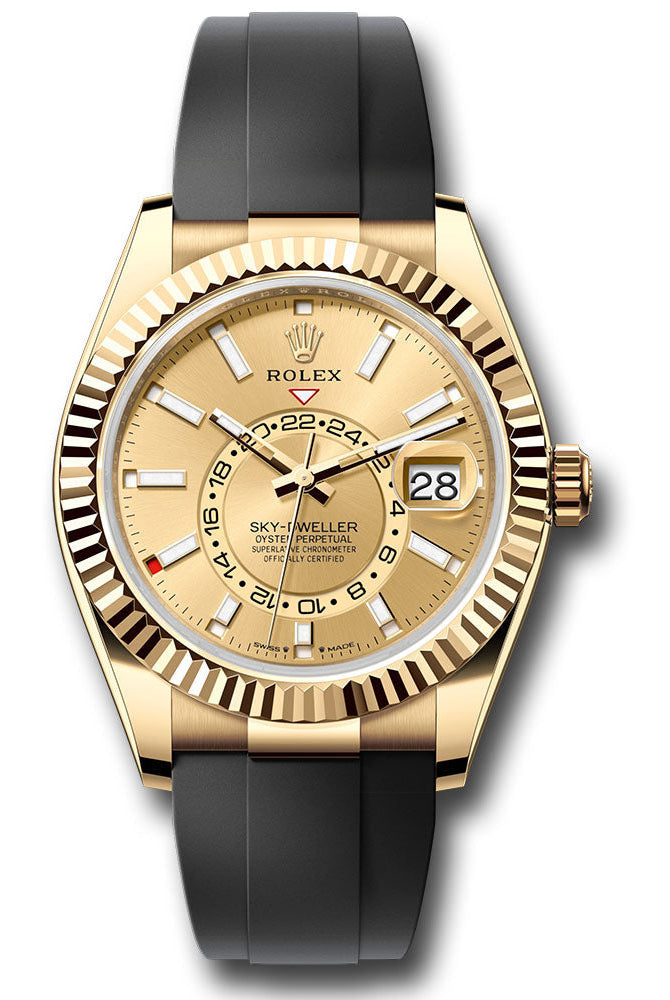 Rolex Yellow Gold Sky-Dweller Watch - Fluted Ring Command Bezel - Champagne Index Dial - Oysterflex Strap - 336238 chiof