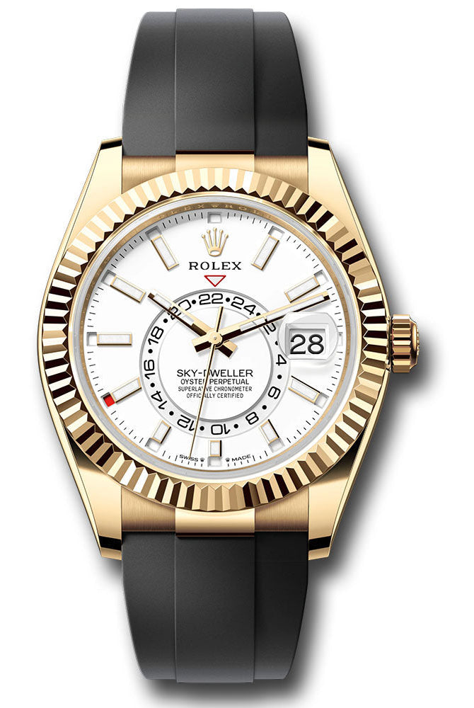 Rolex Yellow Gold Sky-Dweller Watch - Fluted Ring Command Bezel - White Index Dial - Oysterflex Strap - 336238 wiof