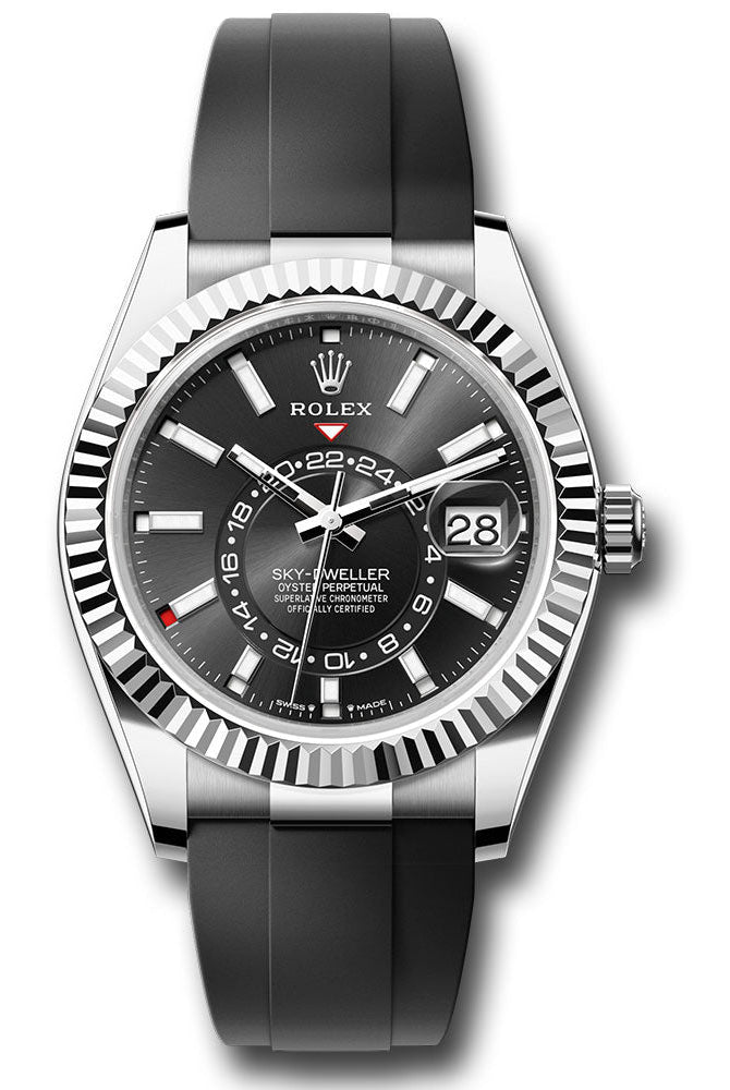 Rolex White Gold Sky-Dweller Watch - Fluted Ring Command Bezel - Black Index Dial - Oysterflex Strap - 336239 bkiof