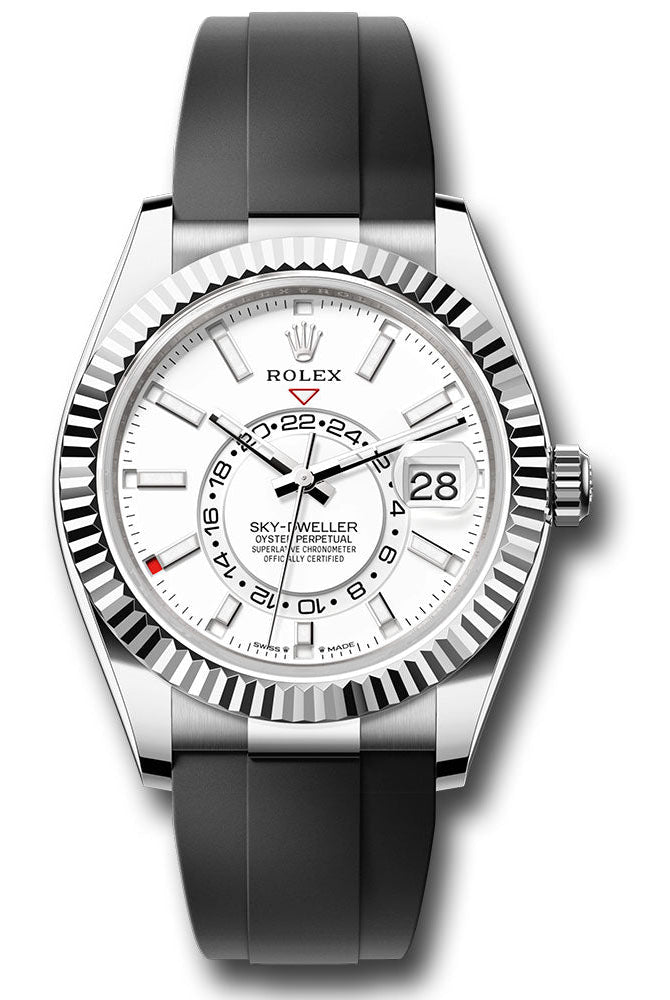 Rolex White Gold Sky-Dweller Watch - Fluted Ring Command Bezel - White Index Dial - Oysterflex Strap - 336239 wiof