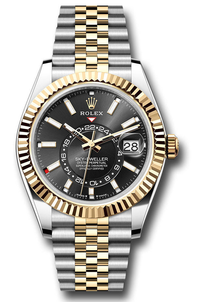 Rolex Yellow Rolesor Sky-Dweller Watch - Fluted Ring Command Bezel - Black Index Dial - Jubilee Bracelet - 336933 bkij