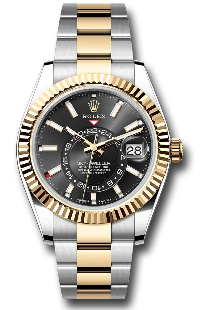 Rolex Yellow Rolesor Sky-Dweller Watch - Fluted Ring Command Bezel - Black Index Dial - Oyster Bracelet - 336933 bkio