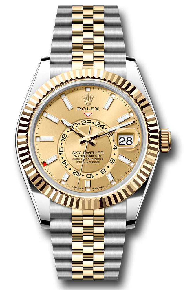 Rolex Yellow Rolesor Sky-Dweller Watch - Fluted Ring Command Bezel - Champagne Index Dial - Jubilee Bracelet - 336933 chij