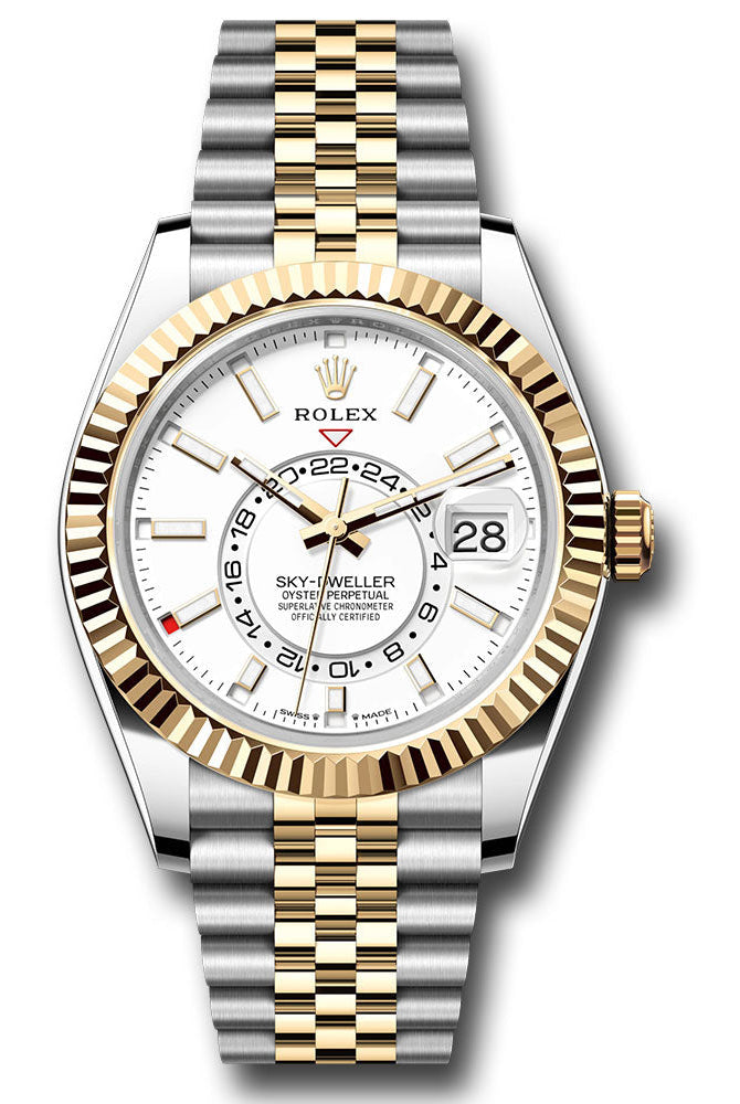 Rolex Yellow Rolesor Sky-Dweller Watch - Fluted Ring Command Bezel - White Index Dial - Jubilee Bracelet - 336933 wij