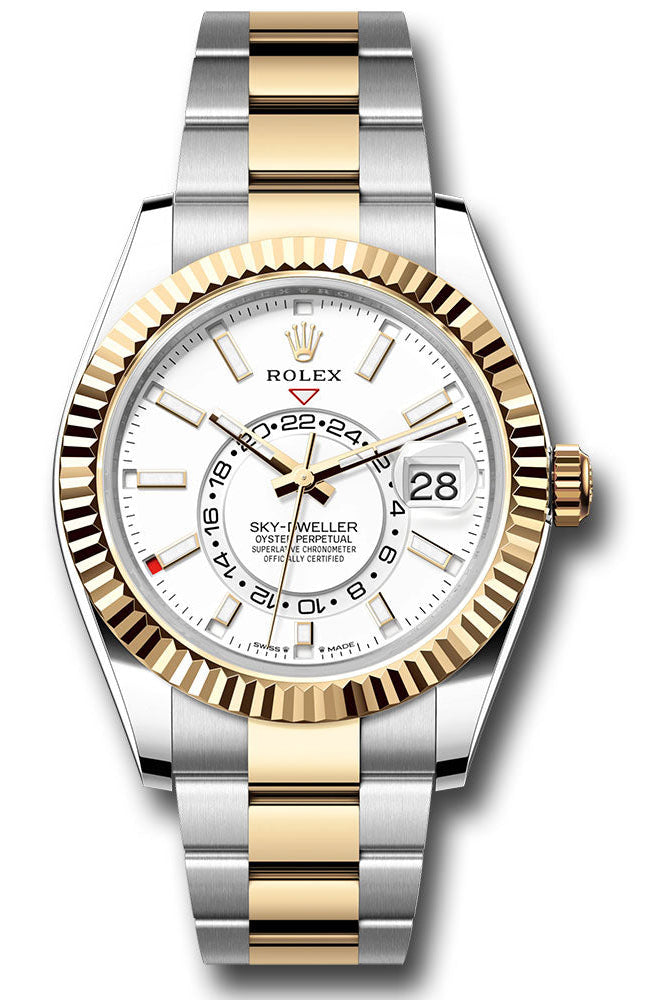 Rolex Yellow Rolesor Sky-Dweller Watch - Fluted Ring Command Bezel - White Index Dial - Oyster Bracelet - 336933 wio