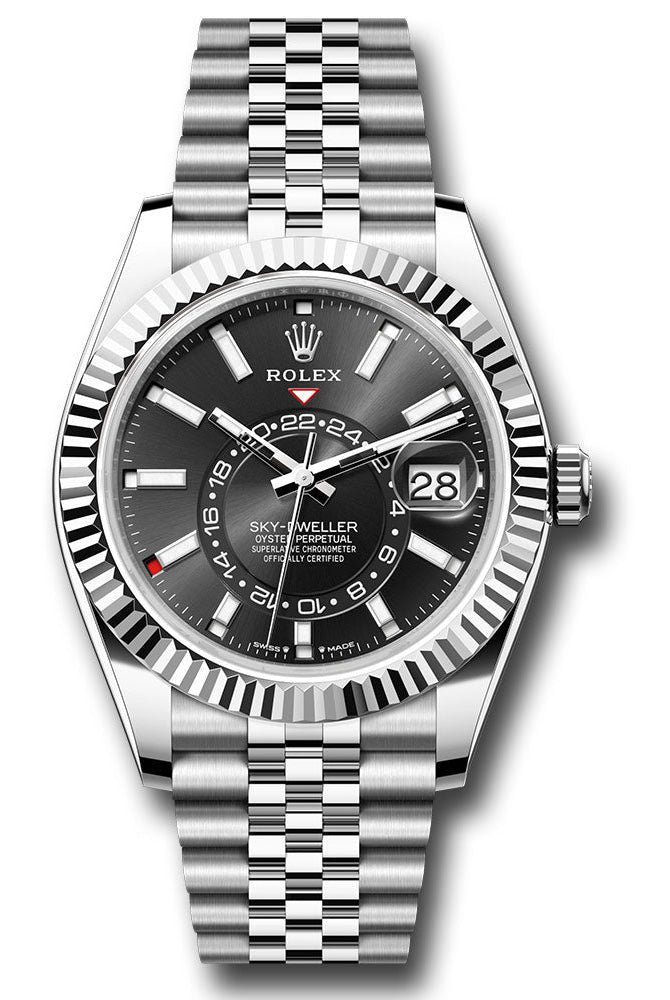 Rolex White Rolesor Sky-Dweller Watch - Fluted Ring Command Bezel - Black Index Dial - Jubilee Bracelet - 336934 bkij