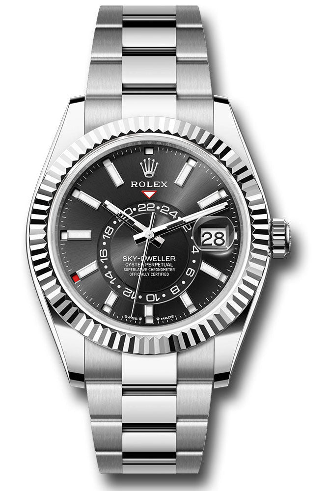 Rolex White Rolesor Sky-Dweller Watch - Fluted Ring Command Bezel - Black Index Dial - Oyster Bracelet - 336934 bkio