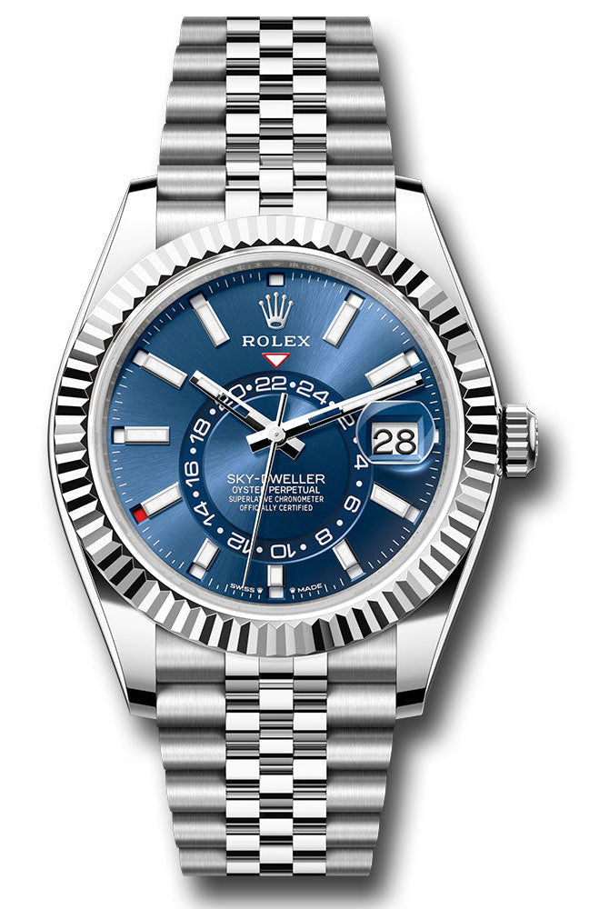 Rolex White Rolesor Sky-Dweller Watch - Fluted Ring Command Bezel - Blue Index Dial - Jubilee Bracelet - 336934 blij