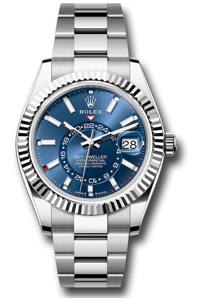 Rolex White Rolesor Sky-Dweller Watch - Fluted Ring Command Bezel - Blue Index Dial - Oyster Bracelet - 336934 blio