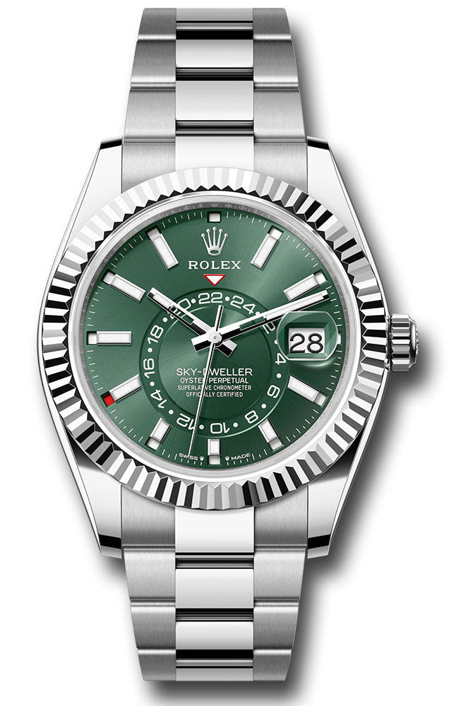 Rolex White Rolesor Sky-Dweller Watch - Fluted Ring Command Bezel - Mint Green Index Dial - Oyster Bracelet - 336934 mgio