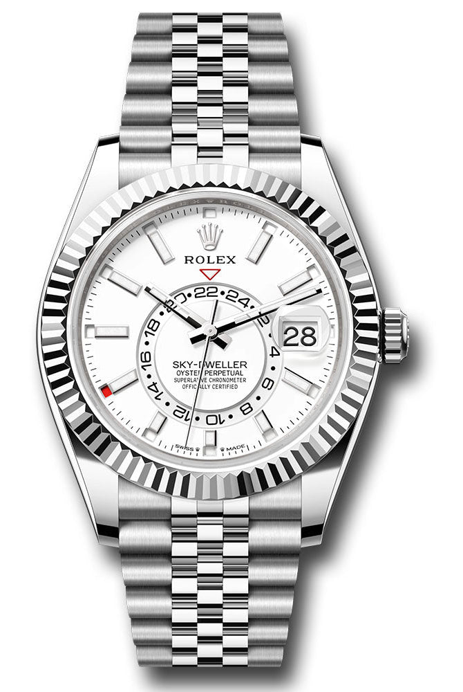 Rolex White Rolesor Sky-Dweller Watch - Fluted Ring Command Bezel - White Index Dial - Jubilee Bracelet - 336934 wij