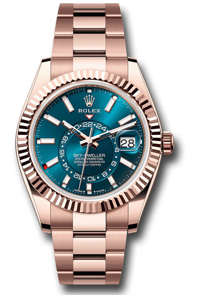 Rolex Everose Gold Sky-Dweller Watch - Fluted Ring Command Bezel - Blue-Green Index Dial - Oyster Bracelet - 336935 bgio