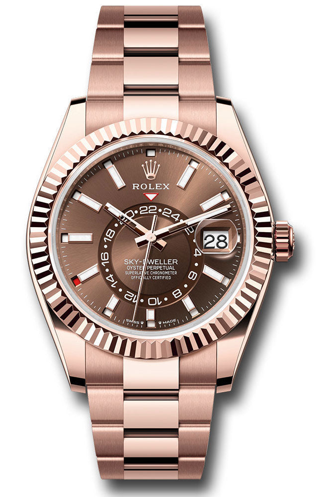 Rolex Everose Gold Sky-Dweller Watch - Fluted Ring Command Bezel - Chocolate Index Dial - Oyster Bracelet - 336935 chio