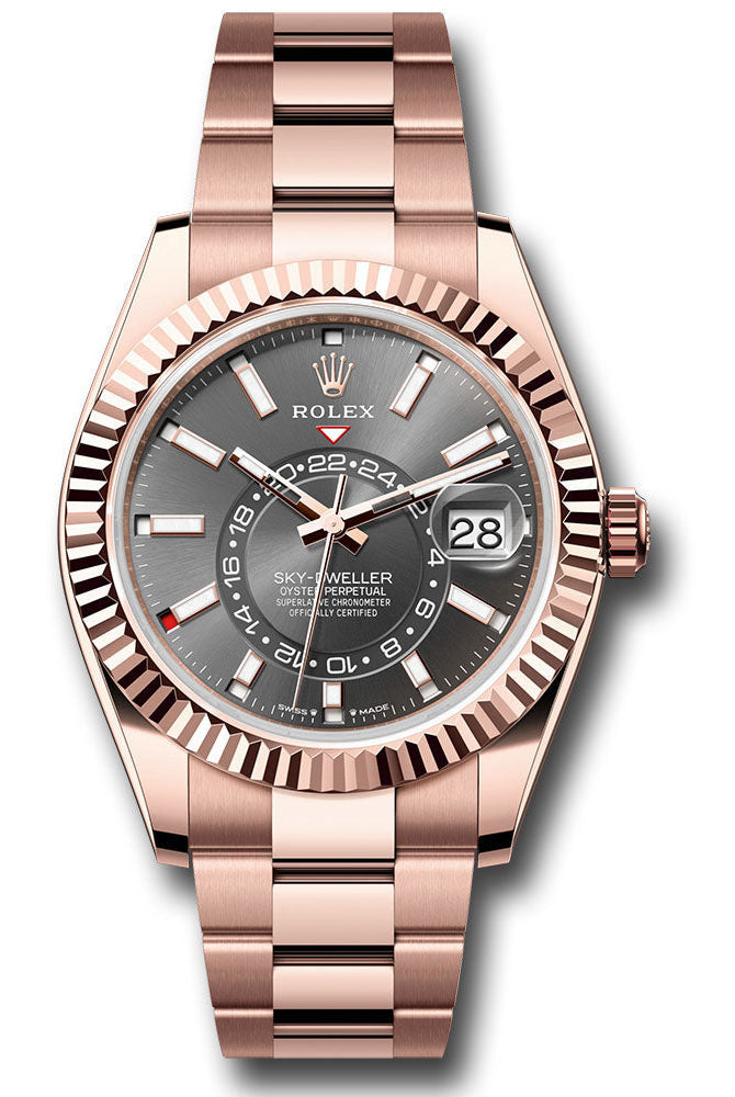 Rolex Everose Gold Sky-Dweller Watch - Fluted Ring Command Bezel - Slate Index Dial - Oyster Bracelet - 336935 slio