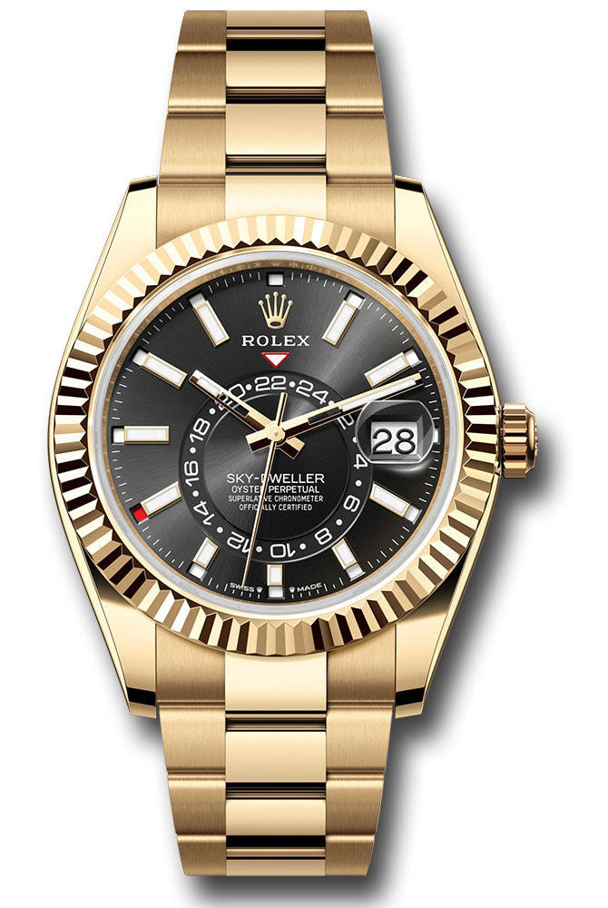 Rolex Yellow Gold Sky-Dweller Watch - Fluted Ring Command Bezel - Black Index Dial - Oyster Bracelet - 336938 bkio