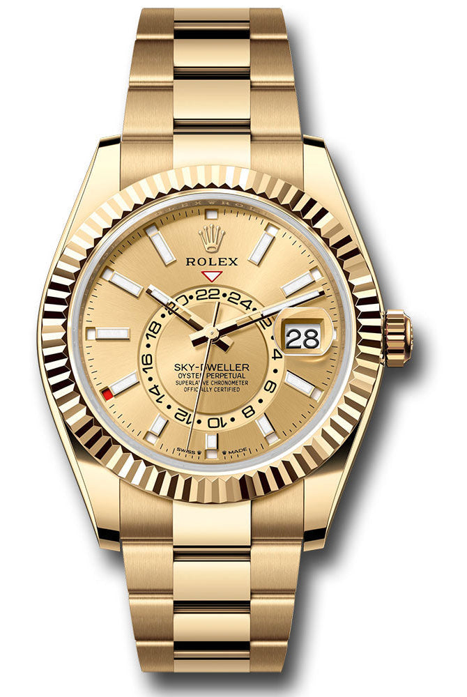 Rolex Yellow Gold Sky-Dweller Watch - Fluted Ring Command Bezel - Champagne Index Dial - Oyster Bracelet - 336938 chio