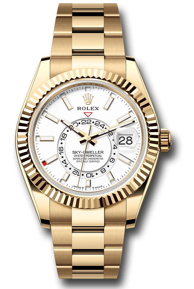 Rolex Yellow Gold Sky-Dweller Watch - Fluted Ring Command Bezel - White Index Dial - Oyster Bracelet - 336938 wio