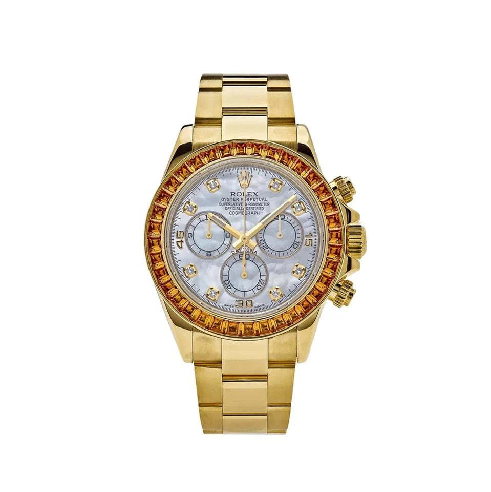 Rolex Yellow Gold Daytona 40, Orange Sapphire Bezel, White Diamond Dial, Oyster Bracelet, Ref. 116578SACO