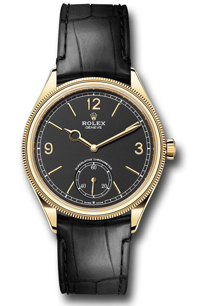 Rolex Yellow Gold 1908 Watch - Domed And Fluted Bezel - Black Index Arabic Dial - Alligator Leather Strap - 52508 bkbk