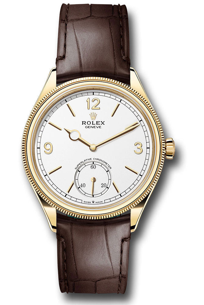 Rolex Yellow Gold 1908 Watch - Domed And Fluted Bezel - White Index Arabic Dial - Alligator Leather Strap - 52508 wbr