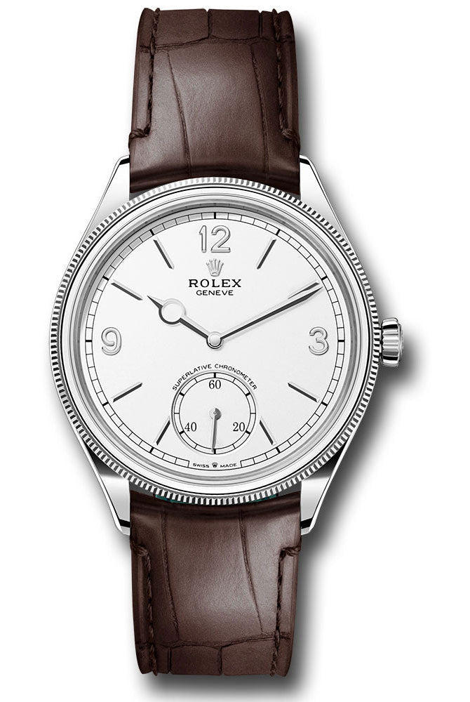 Rolex White Gold 1908 Watch - Domed And Fluted Bezel - White Index Arabic Dial - Alligator Leather Strap - 52509 wbr