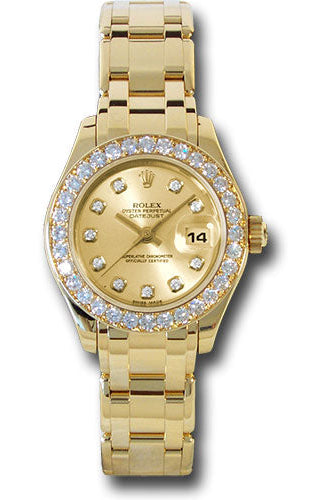 Rolex Yellow Gold Lady-Datejust Pearlmaster 29 Watch - 32 Diamond Bezel - Champagne Diamond Dial - 80298 chd