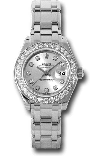 Rolex White Gold Lady-Datejust Pearlmaster 29 Watch - 32 Diamond Bezel - Silver Diamond Dial - 80299 sd