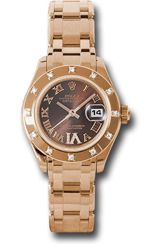 Rolex Pink Gold Lady-Datejust Pearlmaster 29 Watch - 12 Diamond Bezel - Chocolate Brown Diamond Roman Vi Roman Dial - 80315