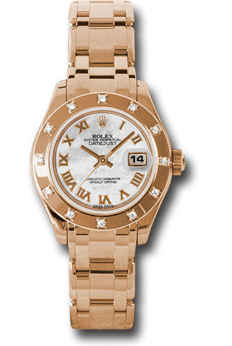 Rolex Pink Gold Lady-Datejust Pearlmaster 29 Watch - 12 Diamond Bezel - Mother-Of-Pearl Roman Dial - 80315 mr