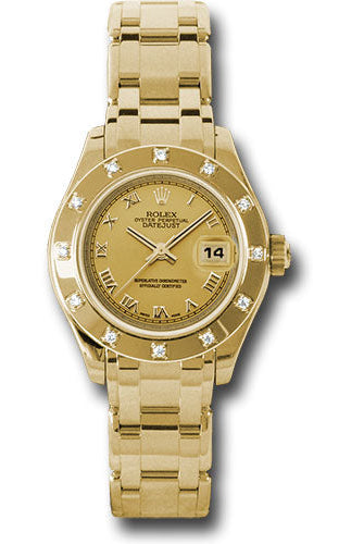 Rolex Yellow Gold Lady-Datejust Pearlmaster 29 Watch - 12 Diamond Bezel - Champagne Roman Dial - 80318 chr