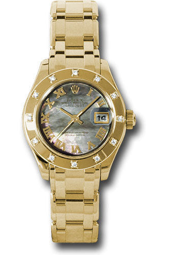Rolex Yellow Gold Lady-Datejust Pearlmaster 29 Watch - 12 Diamond Bezel - Dark Mother-Of-Pearl Roman Dial - 80318 dkmr